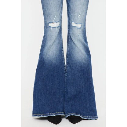 Kan Can High-Rise Super Flare Western Jeans — Dark Stone Wash with Two-Button Zip Fly & Distressed Detailing (Size 7 available)