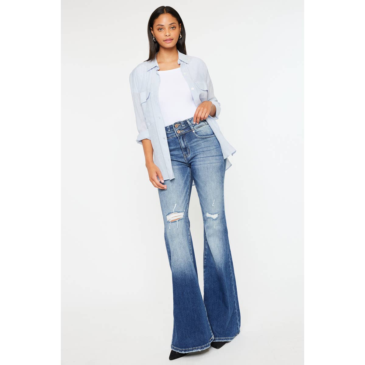 Kan Can High-Rise Super Flare Western Jeans — Dark Stone Wash with Two-Button Zip Fly & Distressed Detailing (Size 7 available)