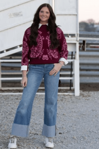 Kan Can Mid Rise Wide Flare Cuff Western Jeans — Medium Wash Stretch Denim, 5 Pocket, Cuffed Raw Hem (sizes 1, 11 and 13 remain)