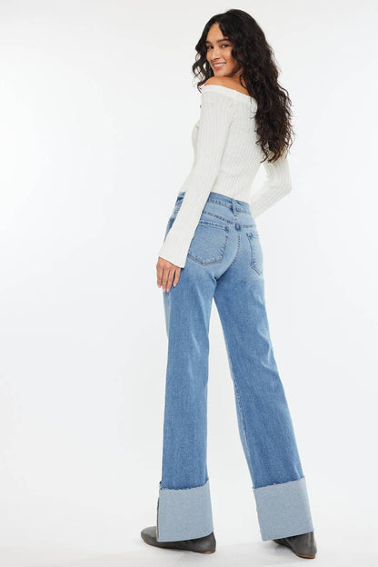 Kan Can Mid Rise Wide Flare Cuff Western Jeans — Medium Wash Stretch Denim, 5 Pocket, Cuffed Raw Hem (sizes 1, 11 and 13 remain)