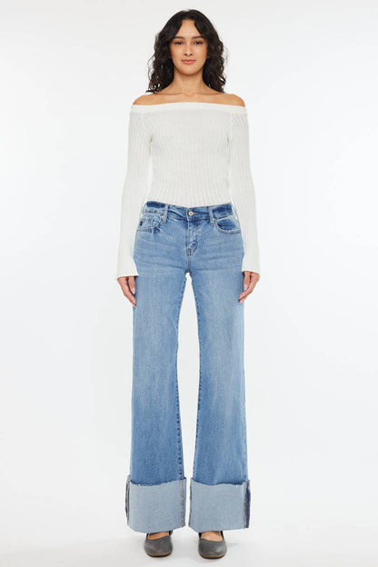 Kan Can Mid Rise Wide Flare Cuff Western Jeans — Medium Wash Stretch Denim, 5 Pocket, Cuffed Raw Hem (sizes 1, 11 and 13 remain)