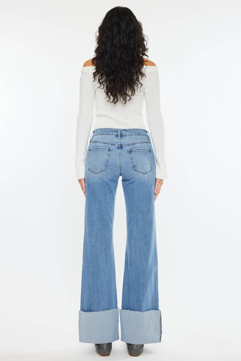Kan Can Mid Rise Wide Flare Cuff Western Jeans — Medium Wash Stretch Denim, 5 Pocket, Cuffed Raw Hem (sizes 1, 11 and 13 remain)