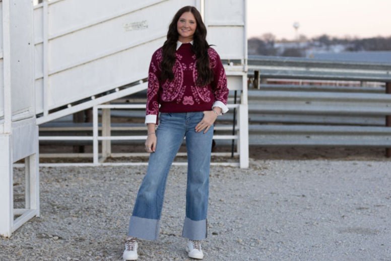 Kan Can Mid Rise Wide Flare Cuff Western Jeans — Medium Wash Stretch Denim, 5 Pocket, Cuffed Raw Hem (sizes 1, 11 and 13 remain)