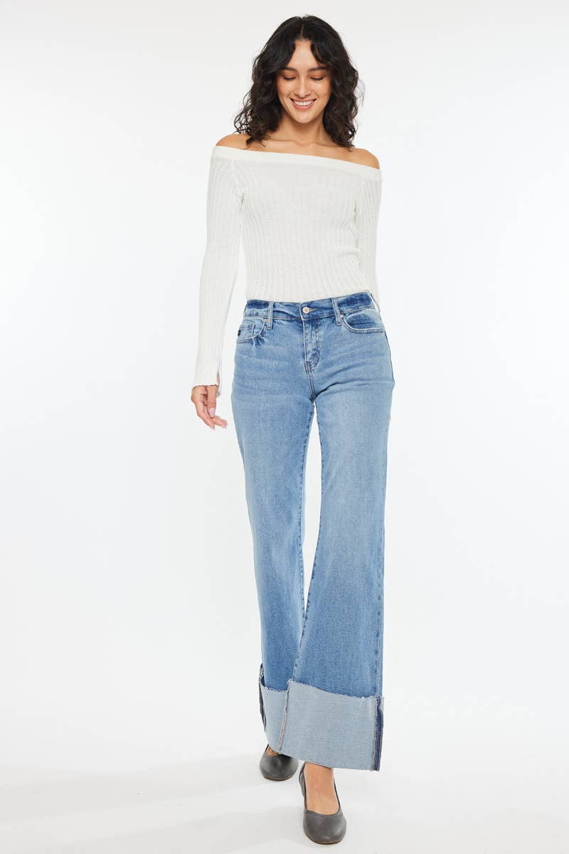 Kan Can Mid Rise Wide Flare Cuff Western Jeans — Medium Wash Stretch Denim, 5 Pocket, Cuffed Raw Hem (sizes 1, 11 and 13 remain)