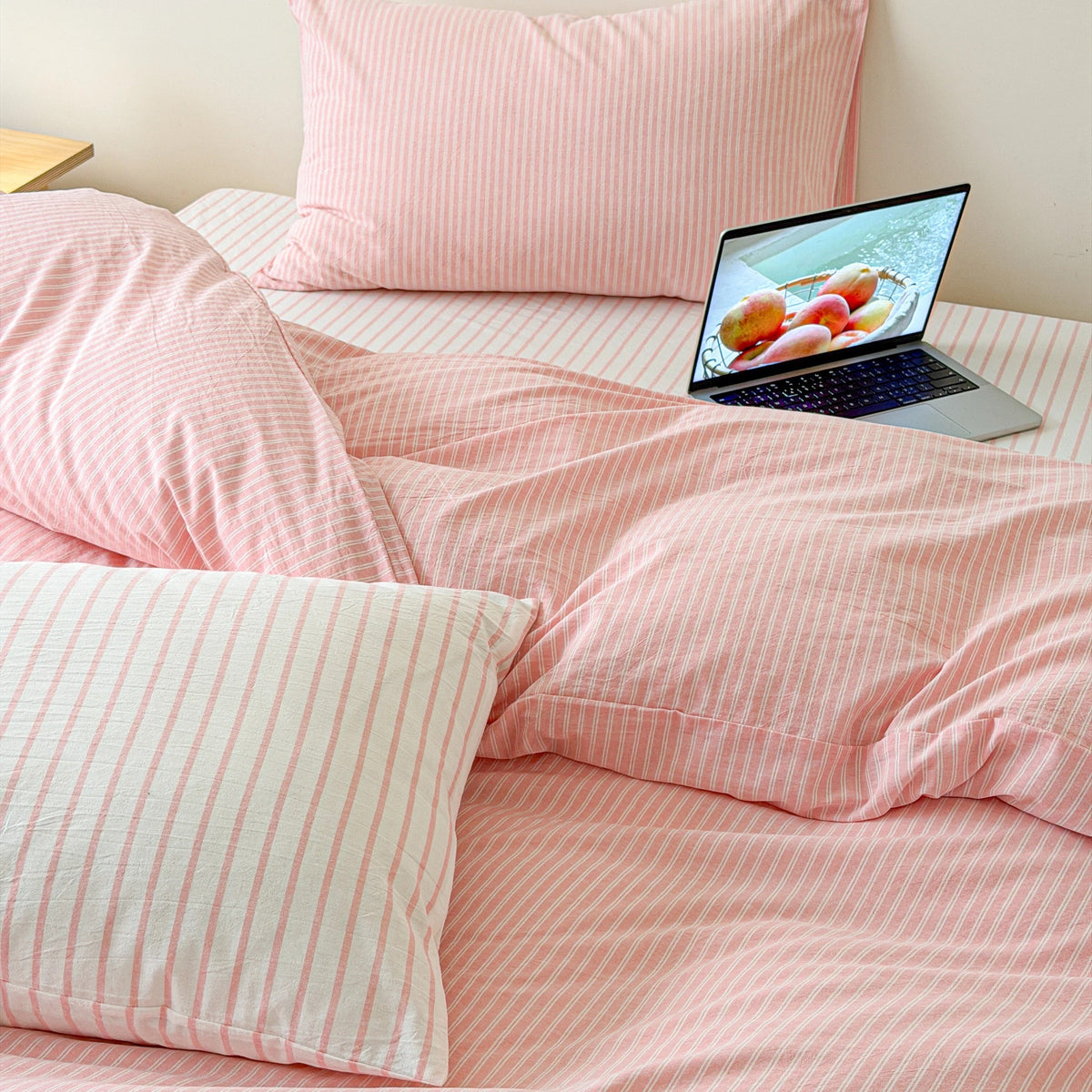 Soft Pink Striped Cotton Duvet Cover Set