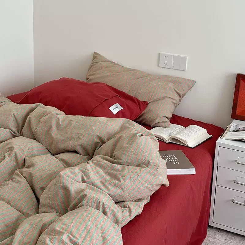 Red & Beige Striped Cotton Bedding Set