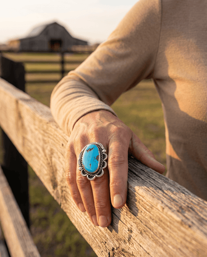 Large Blue Turquoise Cabochon Sterling Silver Statement Ring — Size 7 (1" Wide × 1 1/4" Long)