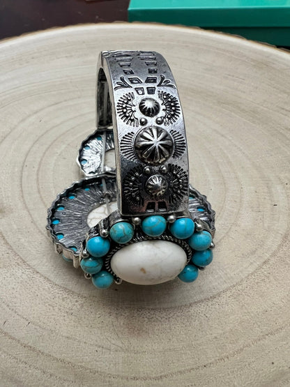 Western Turquoise & White Buffalo Stretch Cuff Bracelet — Bold Southwestern Statement