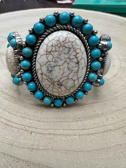 Western Turquoise & White Buffalo Stretch Cuff Bracelet — Bold Southwestern Statement