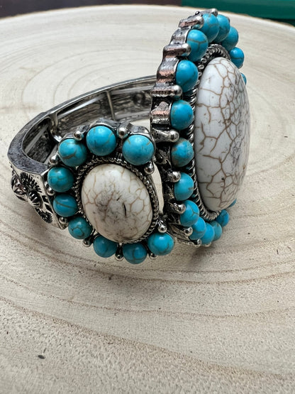 Western Turquoise & White Buffalo Stretch Cuff Bracelet — Bold Southwestern Statement