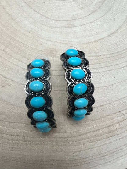 Large Western Faux Turquoise Hoop Earrings — Oxidized Stamped 2" Hoop