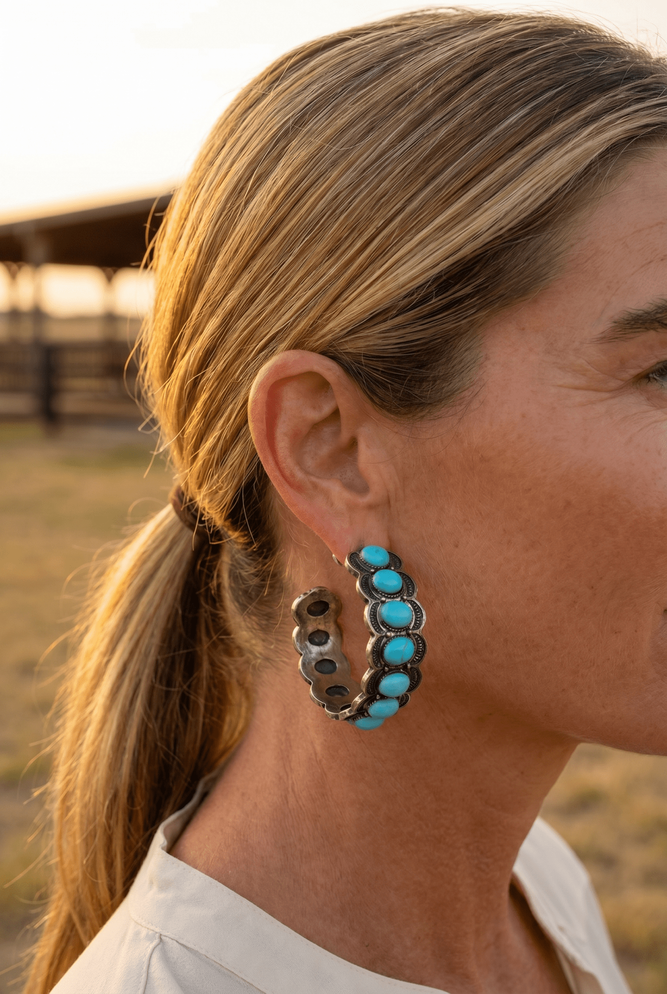 Large Western Faux Turquoise Hoop Earrings — Oxidized Stamped 2" Hoop
