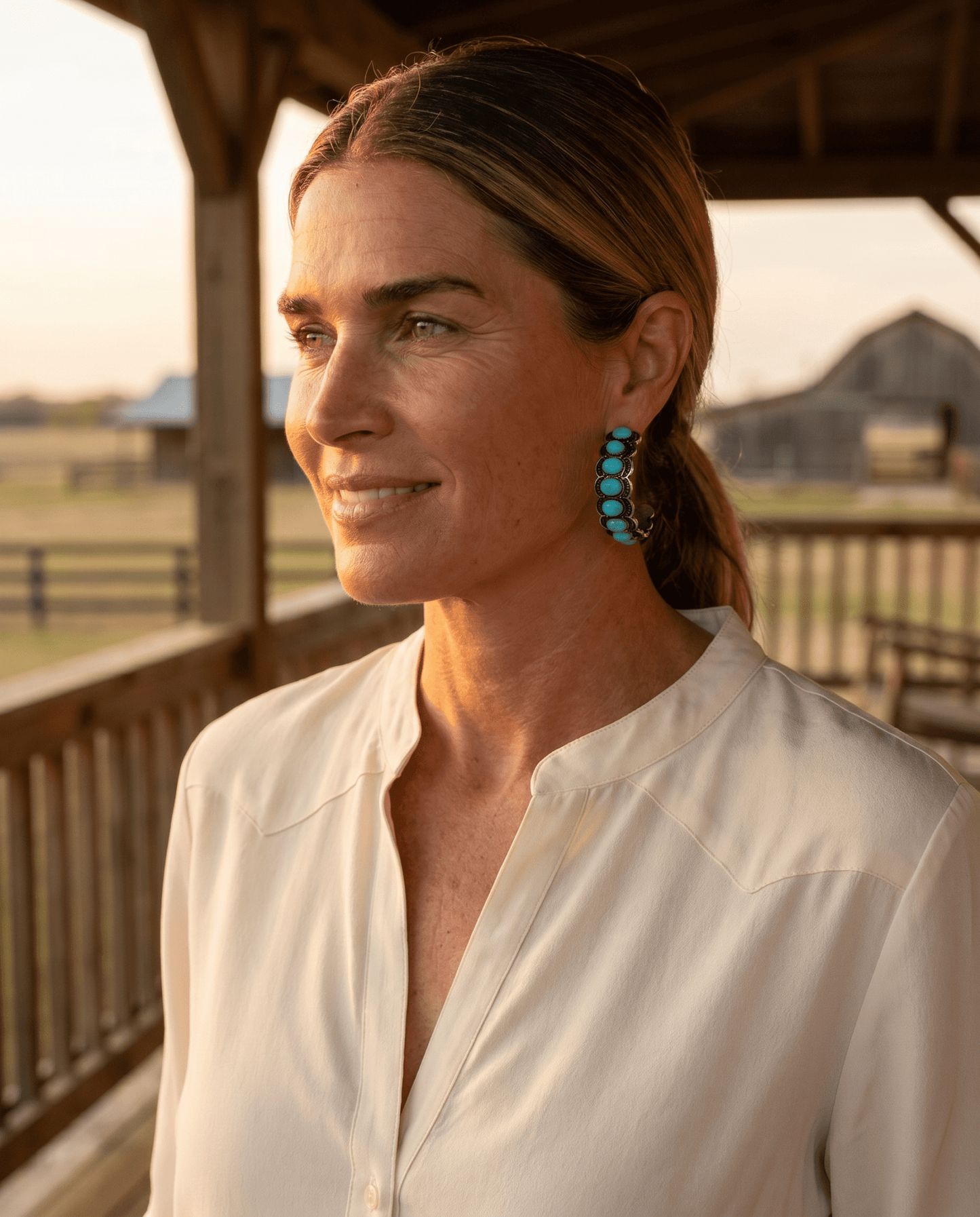Large Western Faux Turquoise Hoop Earrings — Oxidized Stamped 2" Hoop