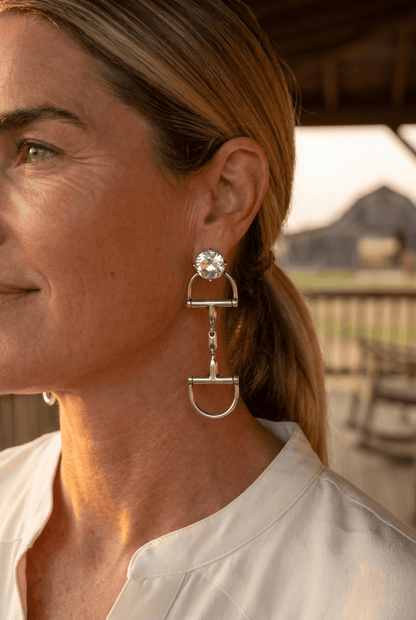 Large Western Horse Bit & Rhinestone Earrings — 3" Statement Drop