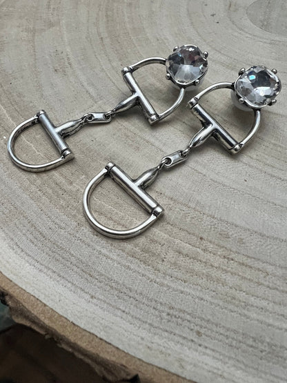 Large Western Horse Bit & Rhinestone Earrings — 3" Statement Drop