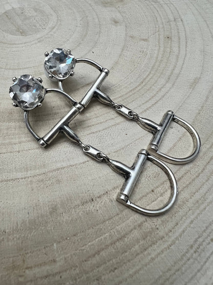 Large Western Horse Bit & Rhinestone Earrings — 3" Statement Drop
