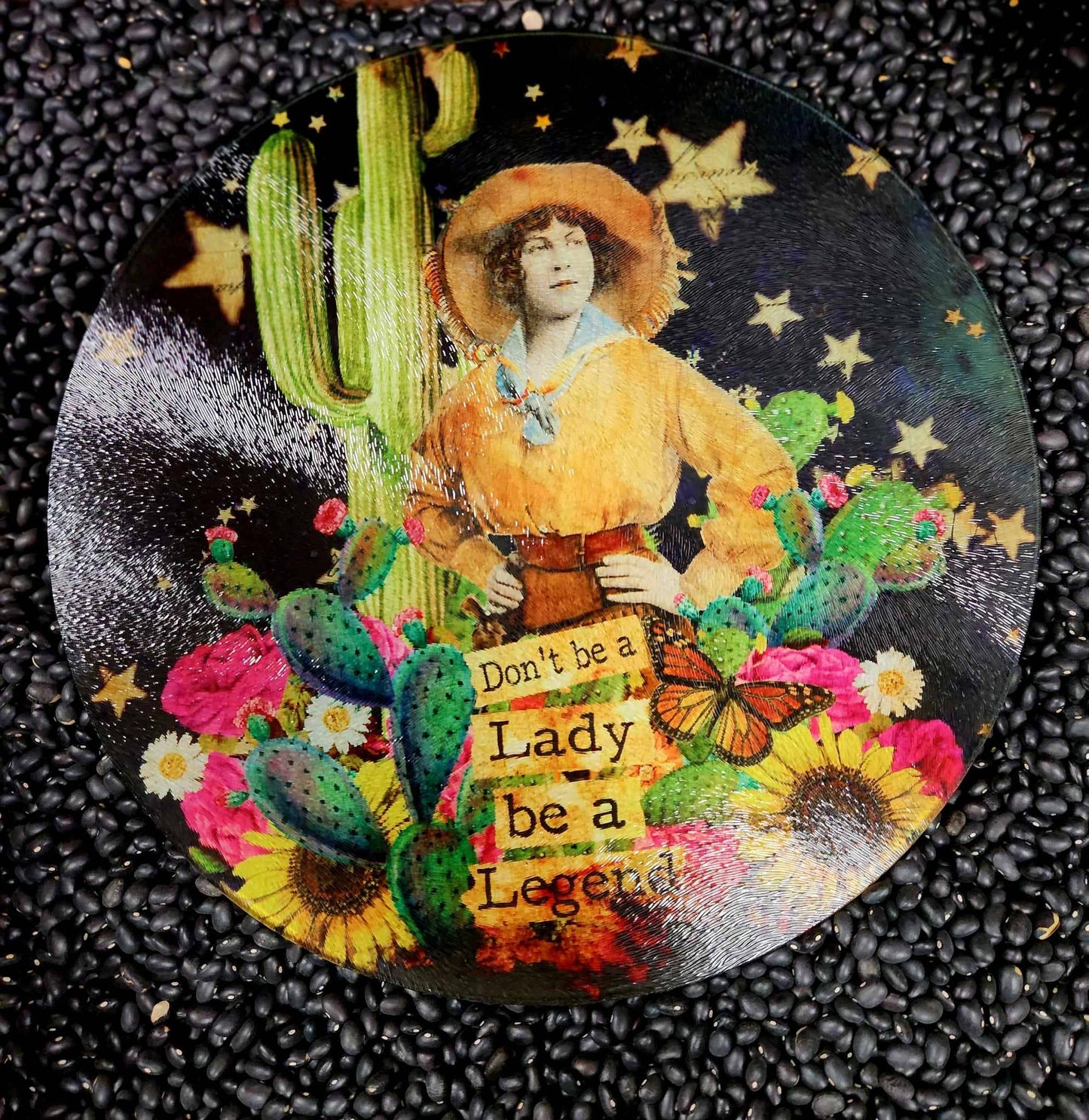 Legendary Round Cowgirl Glass Cutting Board — "Be a Legend" (12" or 8")