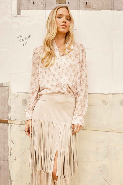 Blue B "Let'r Buck" Western Chiffon Button-Down Blouse — Soft Feminine Rodeo Print