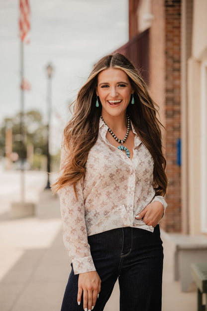 Blue B "Let'r Buck" Western Chiffon Button-Down Blouse — Soft Feminine Rodeo Print
