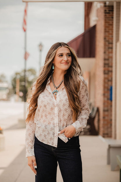 Blue B "Let'r Buck" Western Chiffon Button-Down Blouse — Soft Feminine Rodeo Print