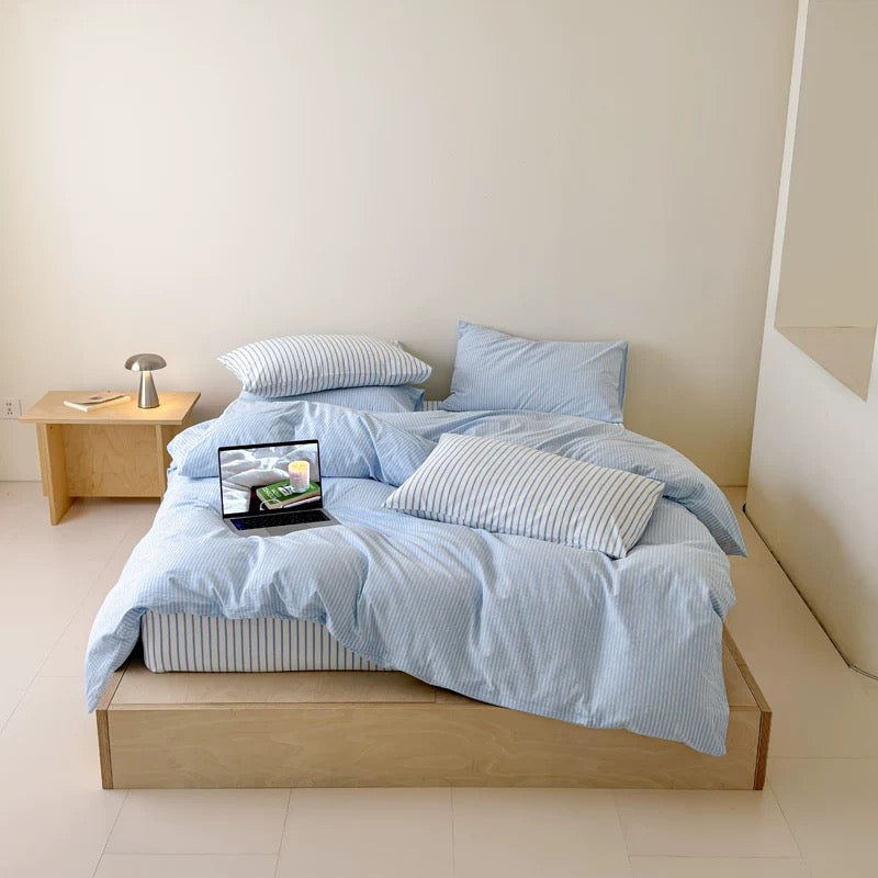 Pistachio Green Striped Duvet Cover Set