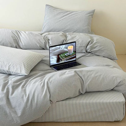 Light Gray Striped Cotton Duvet Cover Set