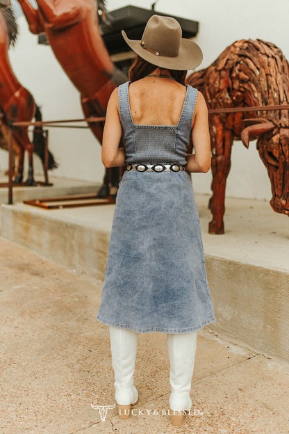 LUCKY & BLESSED Light Wash Western Stretch Denim Button-Down Maxi Dress — V-Neck with Adjustable Straps & Side Pockets