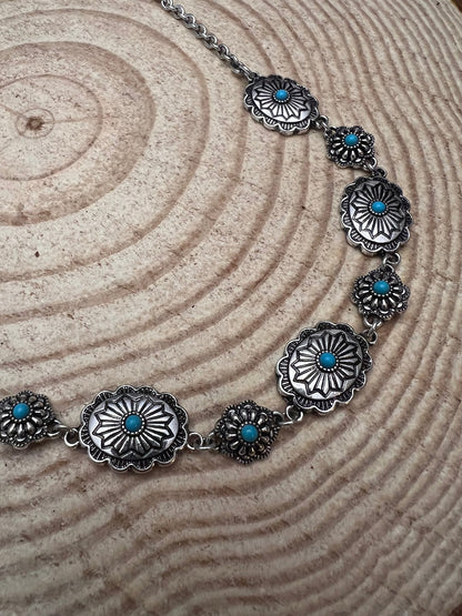 Western Linked Concho Necklace with Faux Turquoise — 18 Inch with Extender
