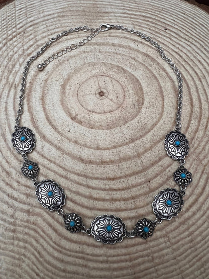 Western Linked Concho Necklace with Faux Turquoise — 18 Inch with Extender