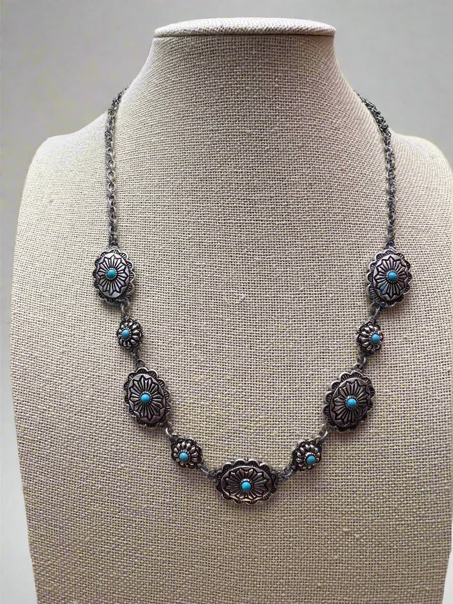 Western Linked Concho Necklace with Faux Turquoise — 18 Inch with Extender