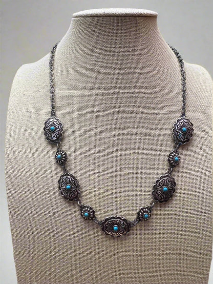 Western Linked Concho Necklace with Faux Turquoise — 18 Inch with Extender