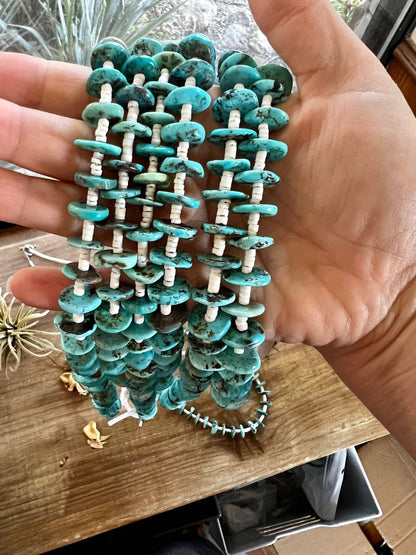 Long Blue Disk Turquoise & White Shell Western Necklace — 26"