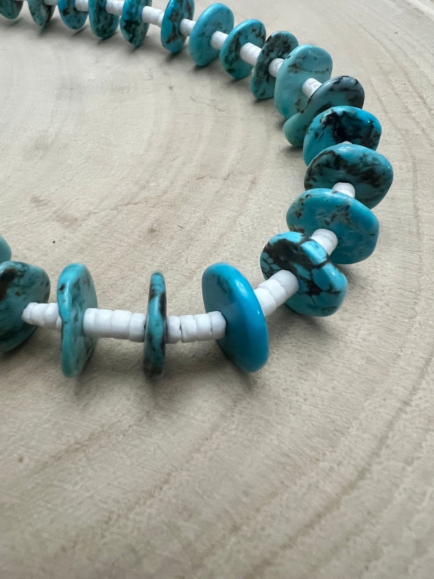 Long Blue Disk Turquoise & White Shell Western Necklace — 26"