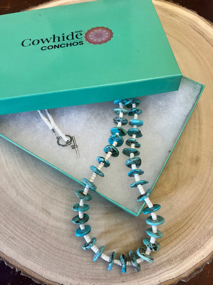 Long Blue Disk Turquoise & White Shell Western Necklace — 26"