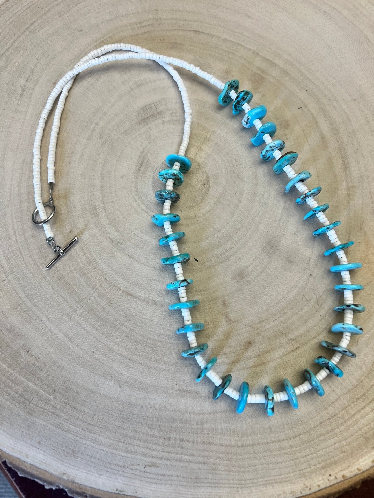 Long Blue Disk Turquoise & White Shell Western Necklace — 26"