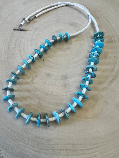 Long Blue Disk Turquoise & White Shell Western Necklace — 26"