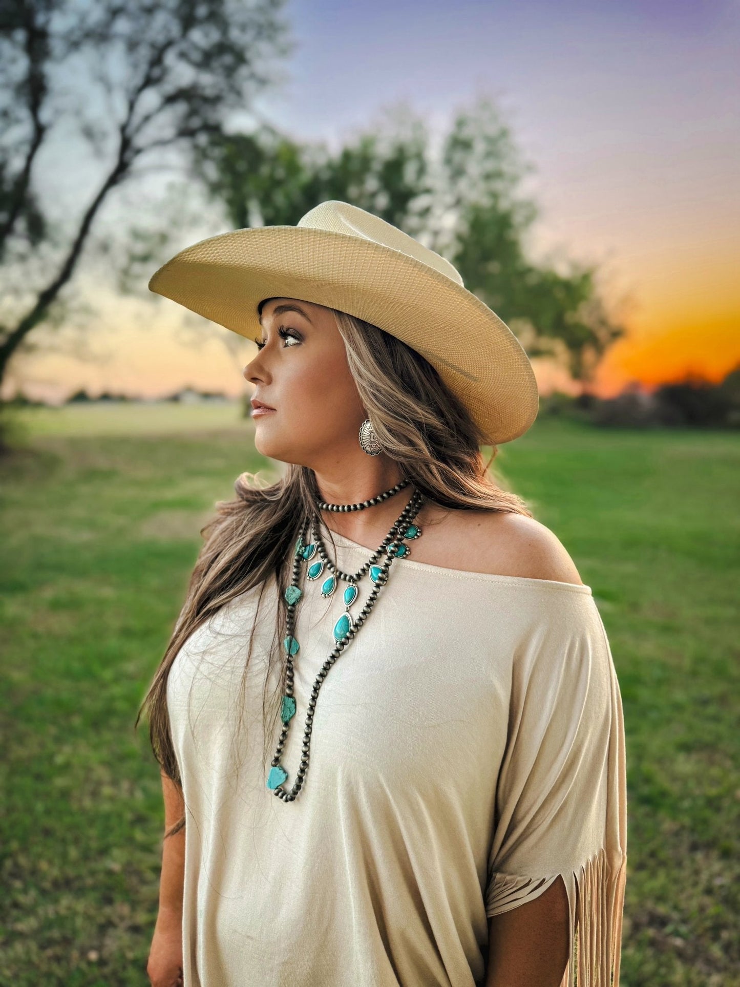 Western Teardrop Faux Turquoise & Sterling Pearl Necklace — 16 Inch Southwestern Pendant