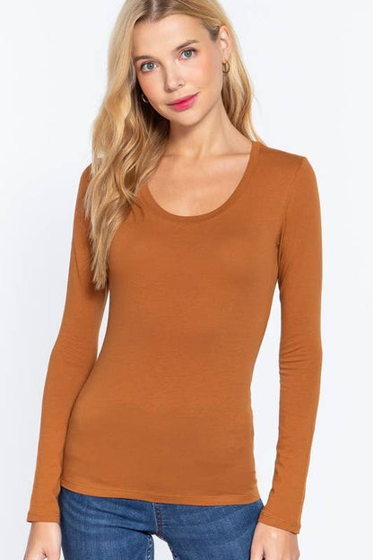 Active Basic Long Sleeve Scoop Neck Western Basics Top — Cotton Layering Staple (Truffle or Petal Pink)