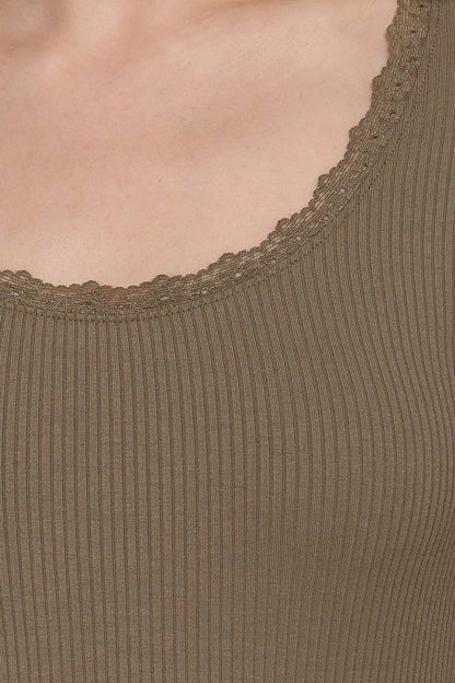 Long Sleeve Scoop Neck with Lace Trim Rib Knit Top