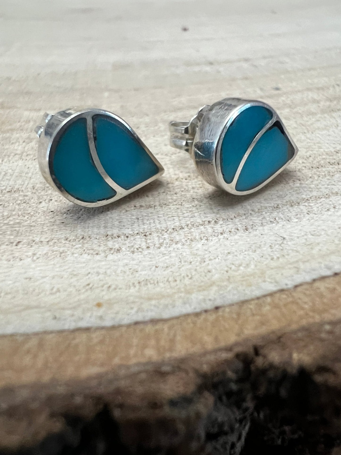 Lynette Johnson Zuni Handcrafted Sterling Silver Inlay Turquoise Post Earrings — 3/8" (10mm)