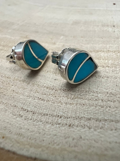 Lynette Johnson Zuni Handcrafted Sterling Silver Inlay Turquoise Post Earrings — 3/8" (10mm)