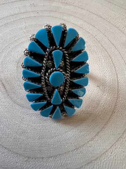 Merlinda Chavez Zuni Sterling Silver Statement Ring with Turquoise — Size 9 (Hallmark "D&M Chavez, Zuni")