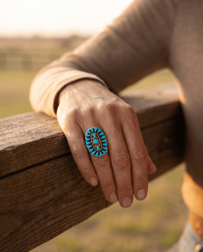 Merlinda Chavez Zuni Sterling Silver Statement Ring with Turquoise — Size 9 (Hallmark "D&M Chavez, Zuni")