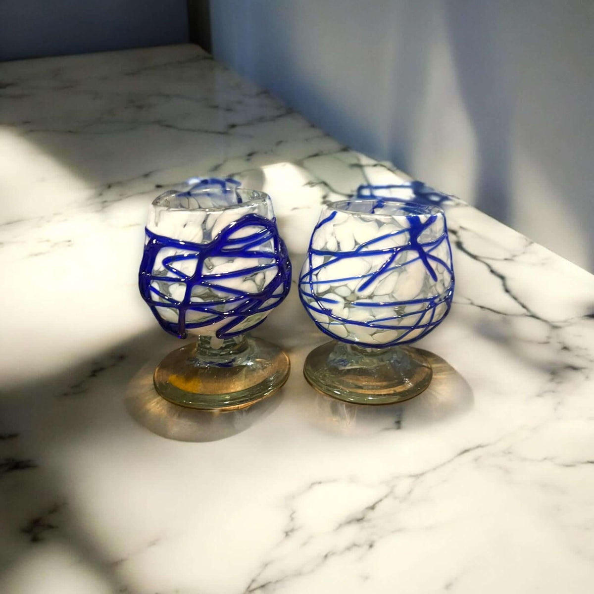 Mexican Artisan Shot Glass | Blue & White Cognac Style Design