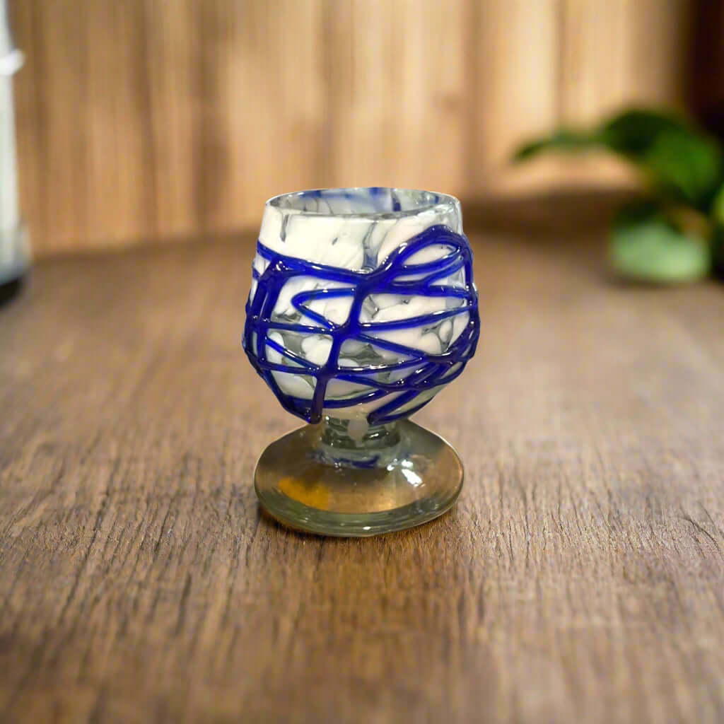 Mexican Artisan Shot Glass | Blue & White Cognac Style Design