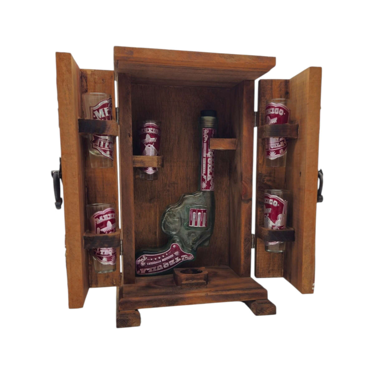 Mexican Revolver Decanter Set With 6 Shot Glasses | Wooden Box