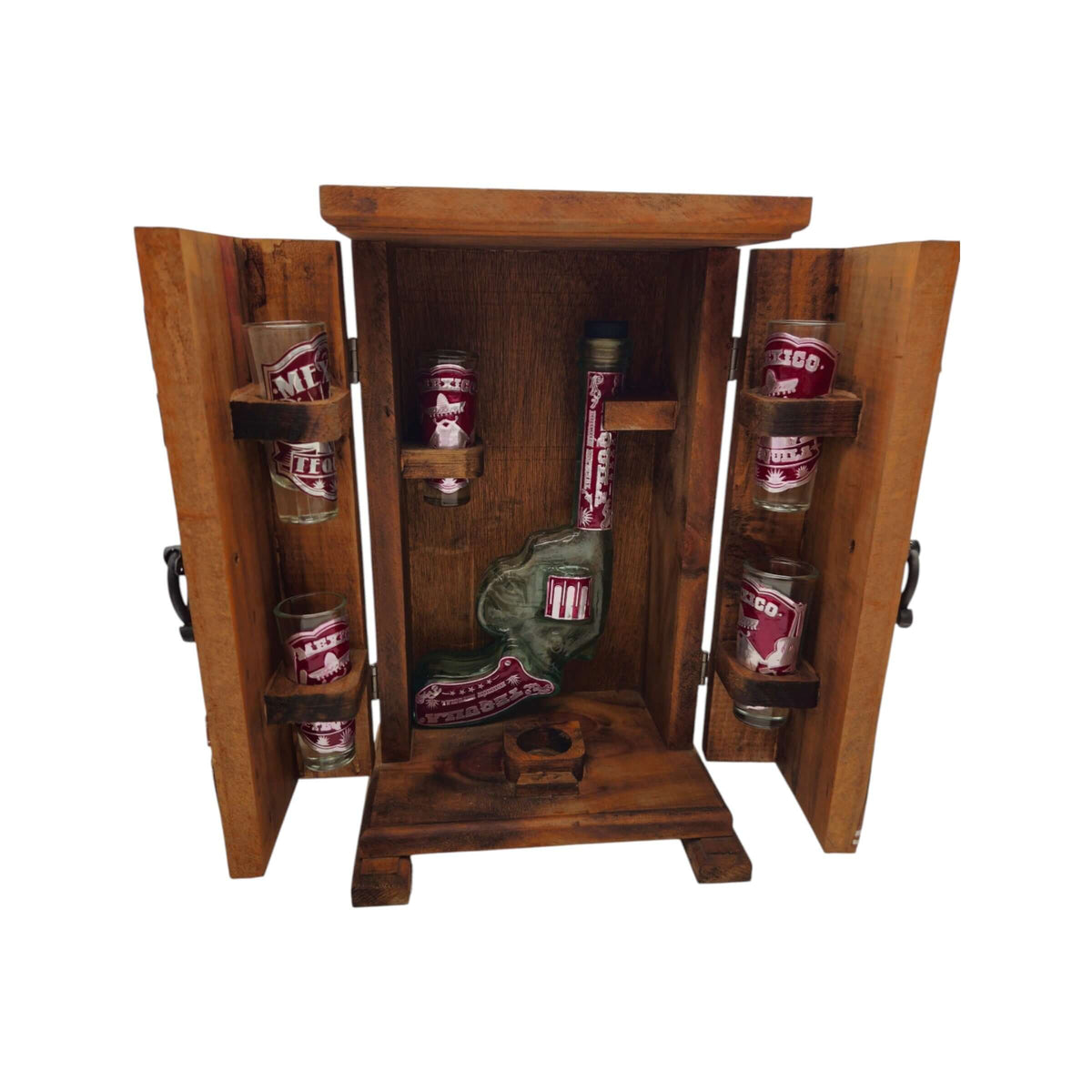Mexican Revolver Decanter Set With 6 Shot Glasses | Wooden Box