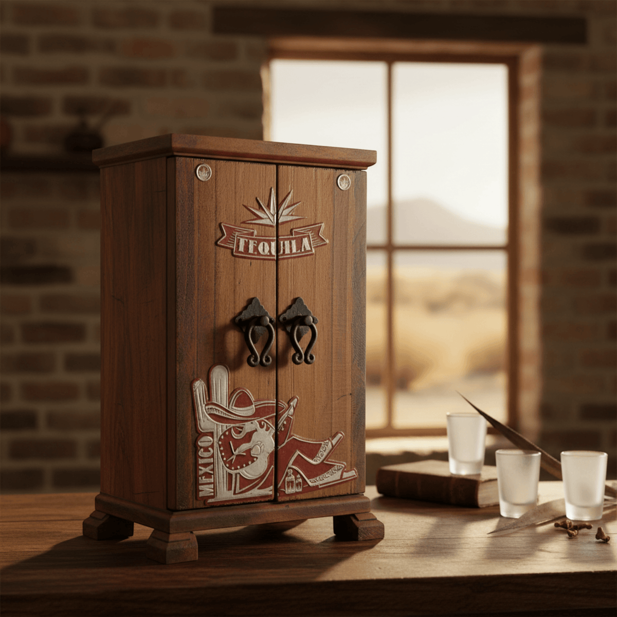 Mexican Revolver Decanter Set With 6 Shot Glasses | Wooden Box