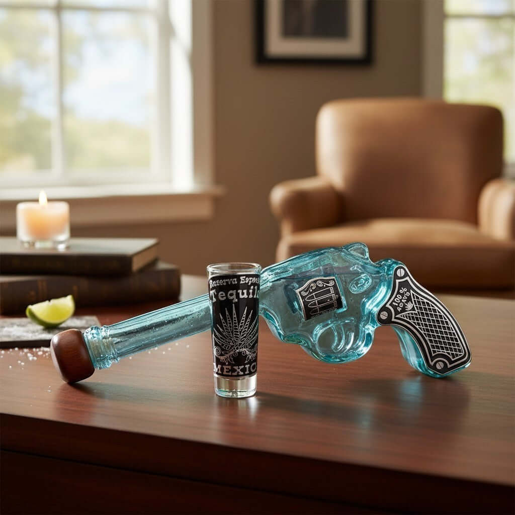 Mexican Revolver Tequila Decanter Set | Glass Gun with Shot Glasses