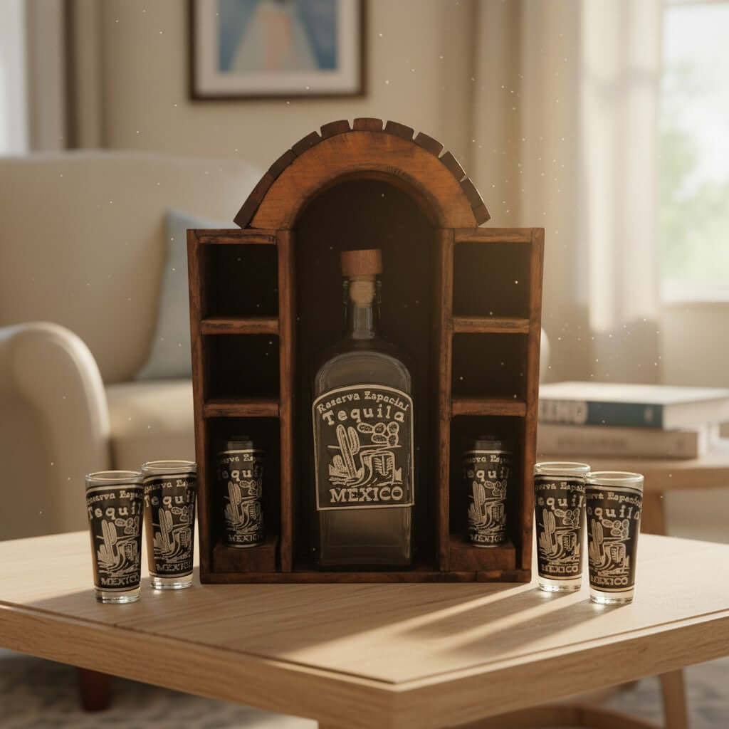Mexican Tequila Decanter Set | 6 Shot Glasses & Wooden Display